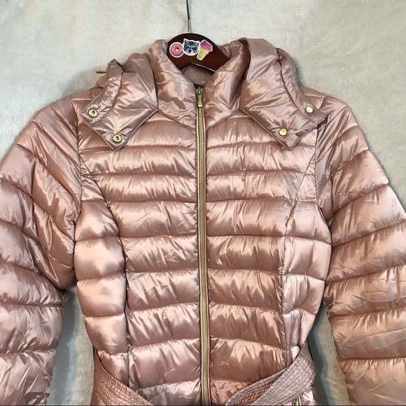 Cole Haan Signature pink metallic puffer jacket vegan “down” filled belted coat - Picture 12 of 16